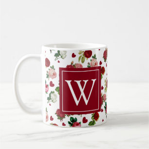 Caneca De Café Rosas e Corações Mug Personalizado Inicial