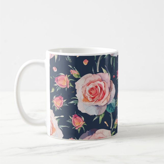 Caneca De Café Rosas e Rosebuds: Floral Sem Costura. (Esquerda)