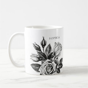Caneca De Café Rosas Elegante Vintage Tea  Preto e branco