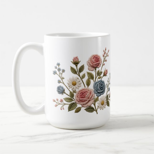 Caneca De Café Rosas Embroidered Blush & Azul (Esquerda)