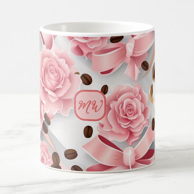 Caneca De Café Rosas, fitas, arcos, monogramas, cor-de-rosa elega (Criador carregado)