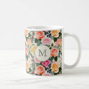 Caneca De Café Rosas Florais Flores Elegantes Monograma Bonito