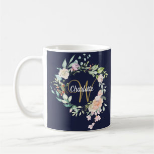 Caneca De Café Rosas Florais Monogramas com Script Dourado Marinh