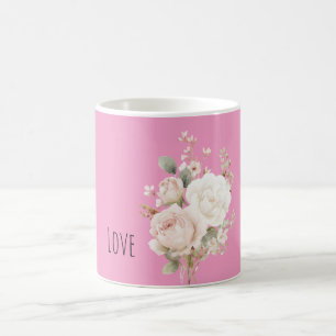 Caneca De Café Rosas Florais Rosa Bege Branco