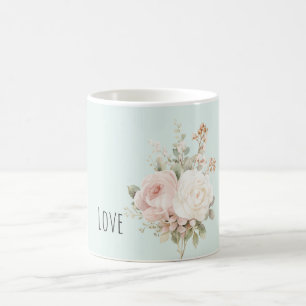 Caneca De Café Rosas Florais Rosa Branca Bege Menta