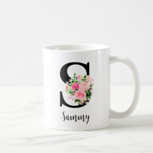 Caneca De Café Rosas Florais Rosa Nome do Monograma