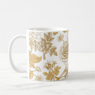 Caneca De Café rosas, flores, folhas e bagas de cão