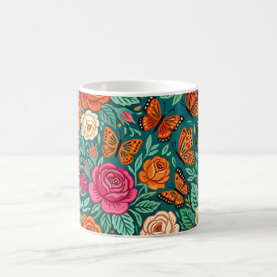 Caneca de Café Rosas Folclóricas Abstratas Borbole