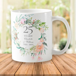 Caneca De Café Rosas Folhagens do 25º Aniversário de Bodas de Pra