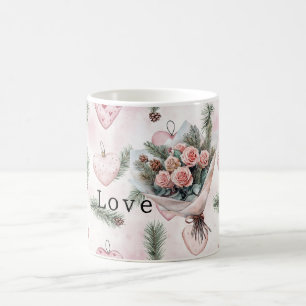 Caneca De Café Rosas Lindas Florais Corações Rosa