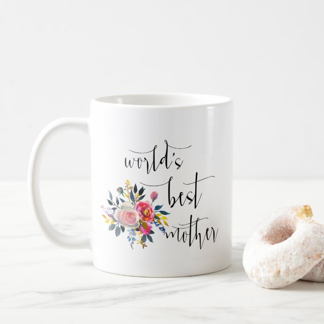 Caneca De Café Rosas: Melhor Mãe do Mundo com Script Mínimo Moder (Com Donut)