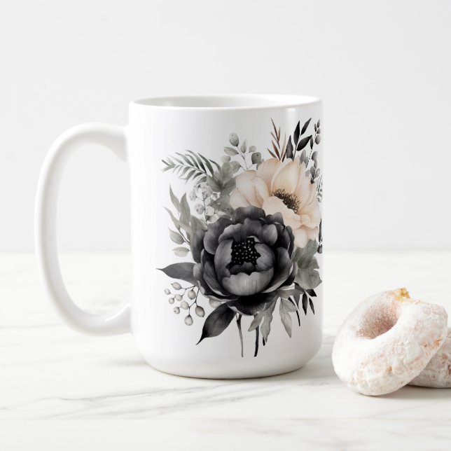 Caneca De Café Rosas Negras e Brancas em Branco (Com Donut)