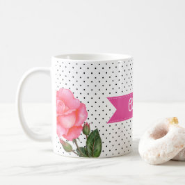 Caneca De Café Rosas rosa-aquarela em Bolinhas brancas pretas
