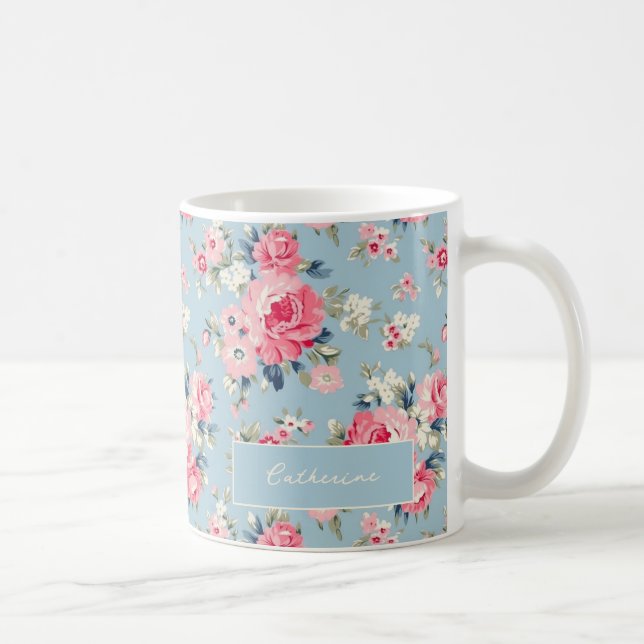 Caneca De Café Rosas Rosa de Algodão Personalizadas em Fundo Azul (Direita)