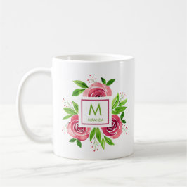 Caneca De Café Rosas Rosa De Cores Aquáticas Monograma Personaliz