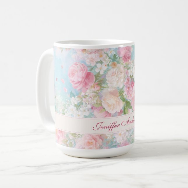 Caneca De Café Rosas Rosa e Brancas Florais com Nome Personalizad (Frente Esquerda)