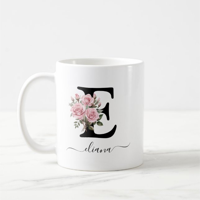 Caneca De Café Rosas Rosa Iniciais Flores Florais Nome do Monogra (Esquerda)