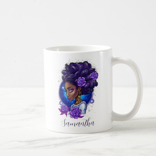 Caneca De Café Rosas Roxos Elegantes Afro Mulher (Direita)