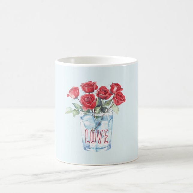 Caneca De Café Rosas Vermelhas Azul Claro Vidro Gelo (Centro)