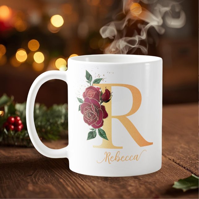 Caneca De Café Rosas vermelhas de nome personalizado do ouro Mono (Monogram R golden custom name red roses Coffee Mug)