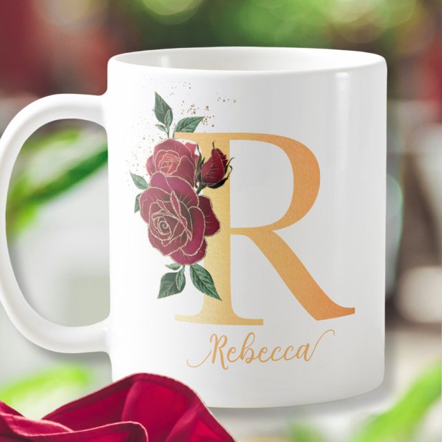 Caneca De Café Rosas vermelhas de nome personalizado do ouro Mono (Criador carregado)
