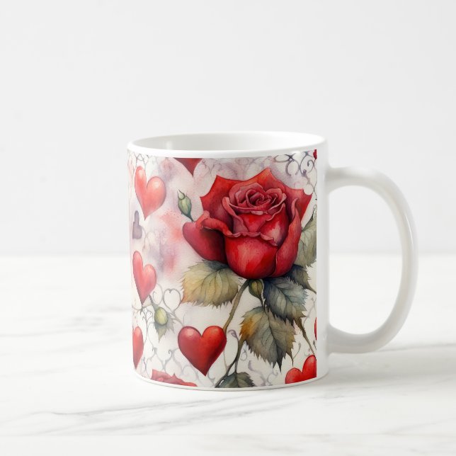 Caneca De Café Rosas Vermelhas e Corações de São Valentim (Direita)
