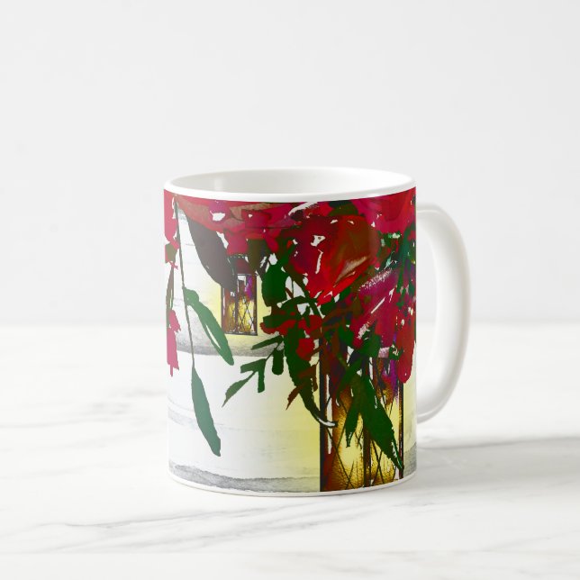 Caneca De Café Rosas Vermelhas Românticas em Aquarela & Lanterna  (Frente Esquerda)