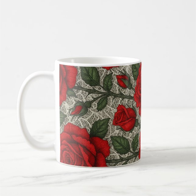 Caneca de café Rosas Vermelhas sobre Renda Branca (Esquerda)