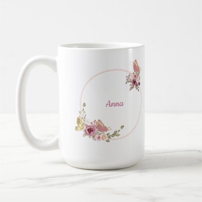 Caneca De Café Rose Gold Butterfly Floral Latte Mug – Custom Name (Esquerda)
