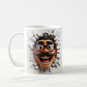 Caneca De Café Rosto de desenho animado com bigode aparecendo que