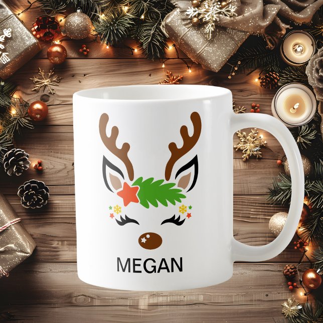 Caneca De Café Rosto de Rena Estrela com Nome Personalizado Féria (Star Reindeer Face Custom Name Holiday Coffee Mug
)