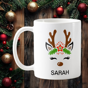 Caneca De Café Rosto de Rena Fofo com Nome Personalizado de Féria