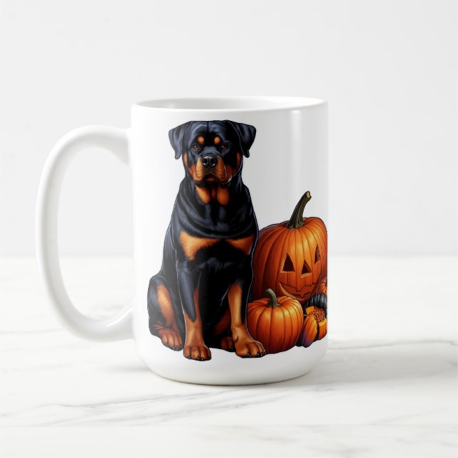 Caneca De Café Rottweiler Cachorro sentado no Halloween Pumpkins (Esquerda)