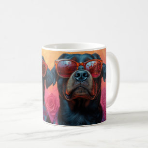 Caneca De Café Rottweiler Com Rosas do Coração Dia dos Namorados