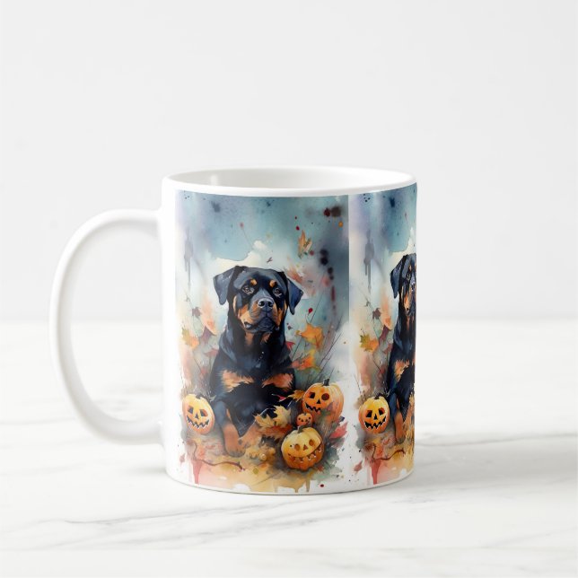 Caneca De Café Rottweiler de Halloween com Abóboras Assustador (Esquerda)
