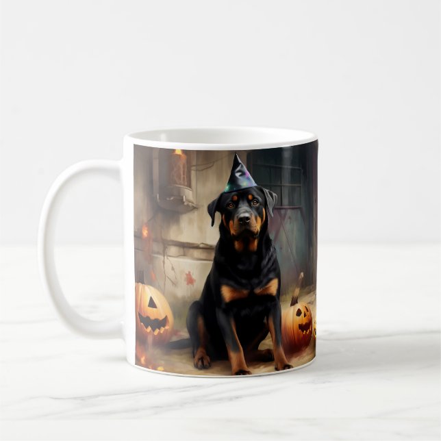 Caneca De Café Rottweiler Pumpkins Halloween Assustado (Esquerda)
