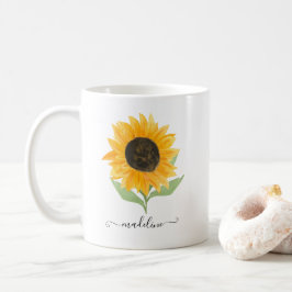 Caneca De Café Rótulo de Nome Personalizado com Girassol Rústico 