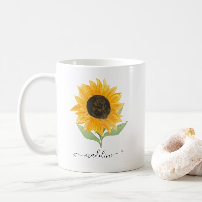Caneca De Café Rótulo de Nome Personalizado com Girassol Rústico  (Com Donut)