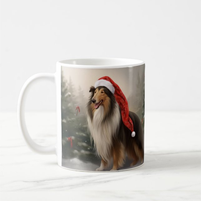 Caneca De Café Rough Collie Cachorro na Neve Natal (Esquerda)