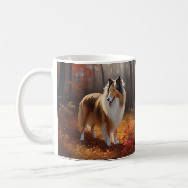 Caneca De Café Rough Collie no Outono Folhas Caem Inspiram (Esquerda)