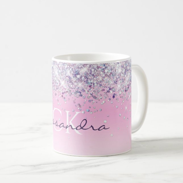 Caneca De Café Roxo Brilhante Glitter Monogramado Meninas Rosa (Frente Esquerda)