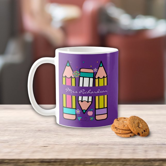 Caneca De Café Roxo Cartografia de lápis com nome de professor Co (Criador carregado)