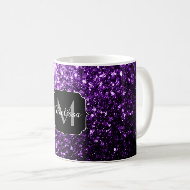 Caneca De Café Roxo escuro falso brilho glitter faíscas Monograma (Frente Esquerda)