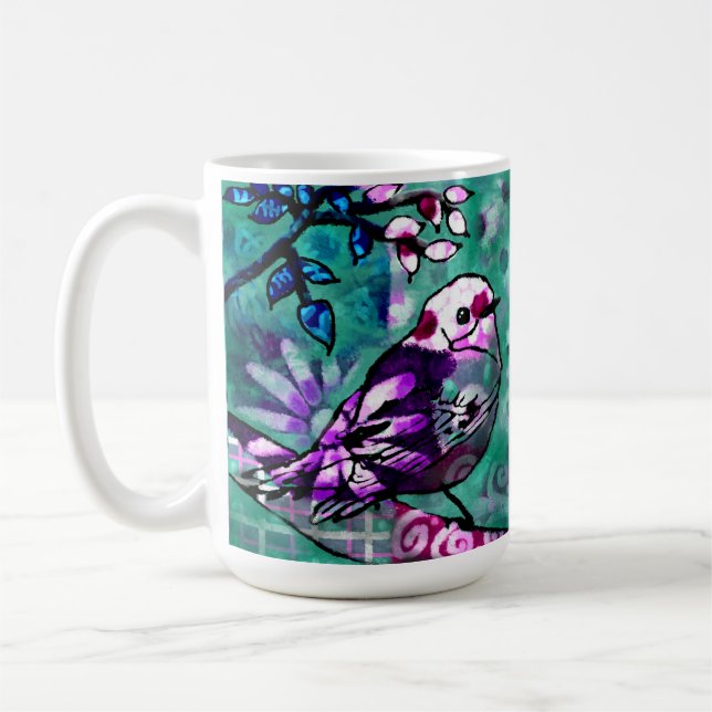 Caneca De Café Roxo Floral de Abstrato de aves (Esquerda)