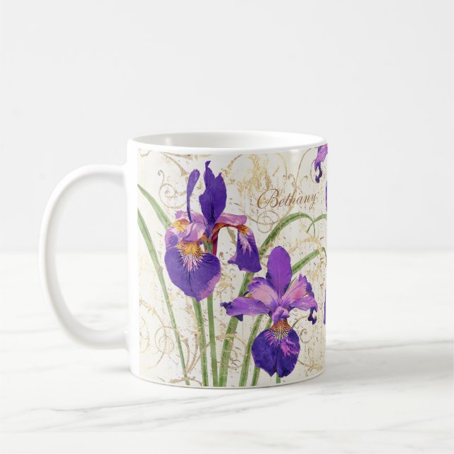 Caneca De Café Roxo Floral Iris Dourado Damask Monograma Nome (Esquerda)