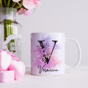 Caneca De Café Roxo Floral Preto Letra Monograma V