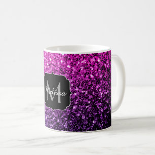 Caneca De Café Roxo Pink Ombre faux glitks Monograma