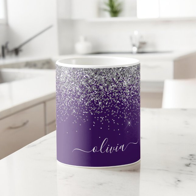 Caneca De Café Roxo Silver Glitter Girly Monographic Nome (Criador carregado)