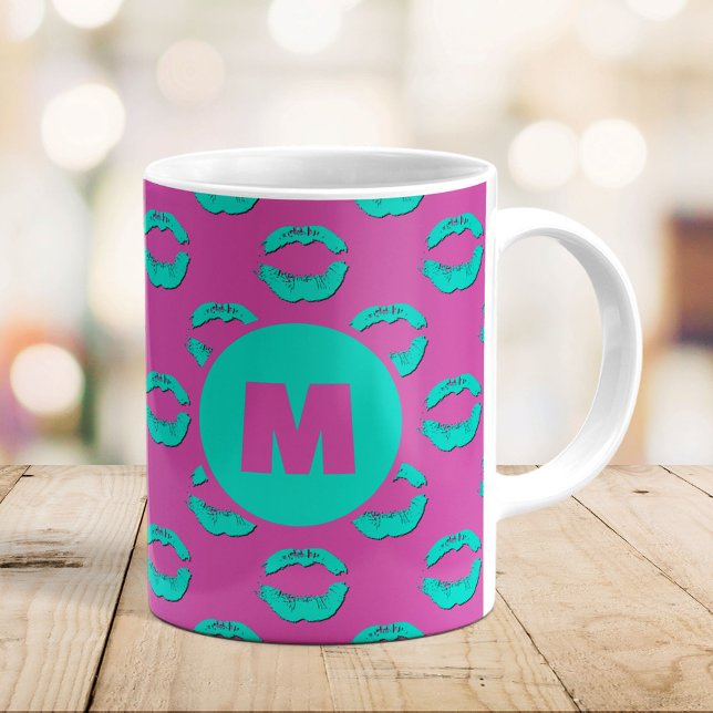 Caneca De Café Roxo & Turquesa XOXO Lábios Beijando Personalizado (Criador carregado)