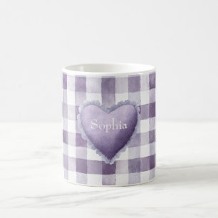 Caneca De Café Roxo Xadrez Branco Listras Coração Nome Feminino